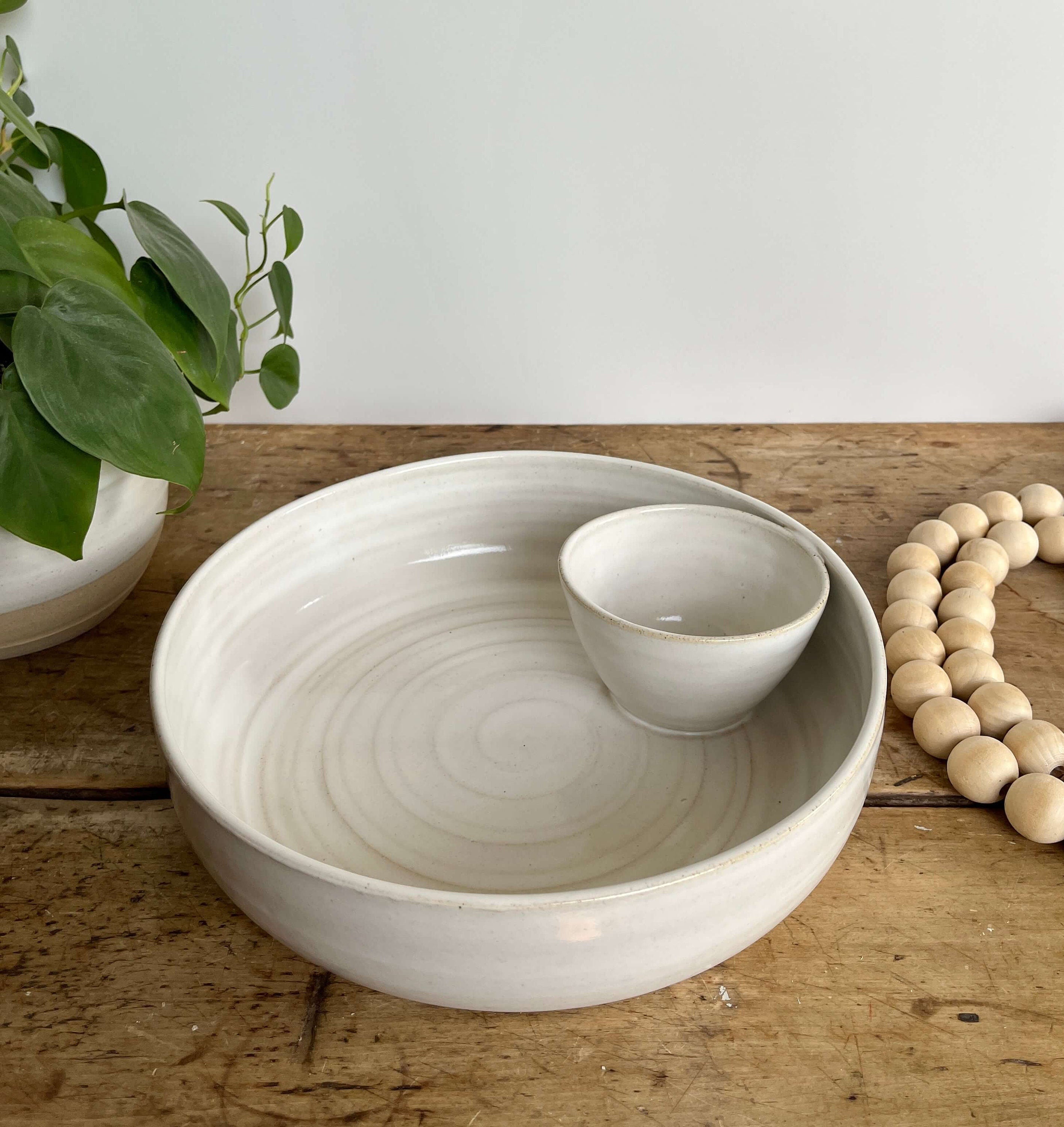 Large Chip and Dip Bowl, Cream Colored Pottery Serving Bowl