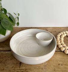 Large Chip and Dip Bowl, Cream Colored Pottery Serving Bowl