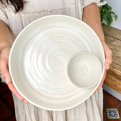 Large Chip and Dip Bowl, Cream Colored Pottery Serving Bowl
