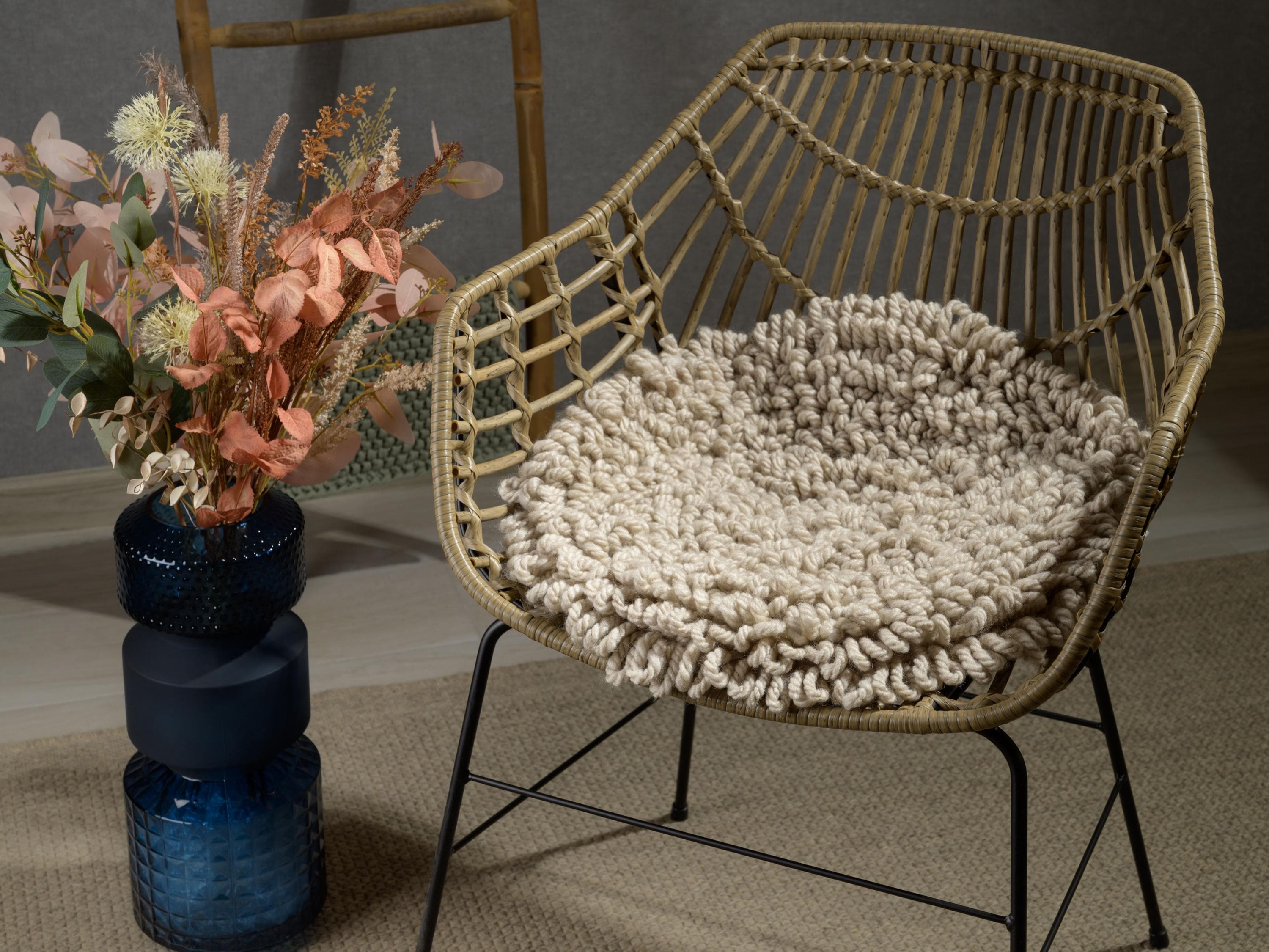 Beige Chair Pad, Round Seat Cushion, Wool Boucle Round Chair Pad, Indoor Bench Cushion, Warm Chair Pads