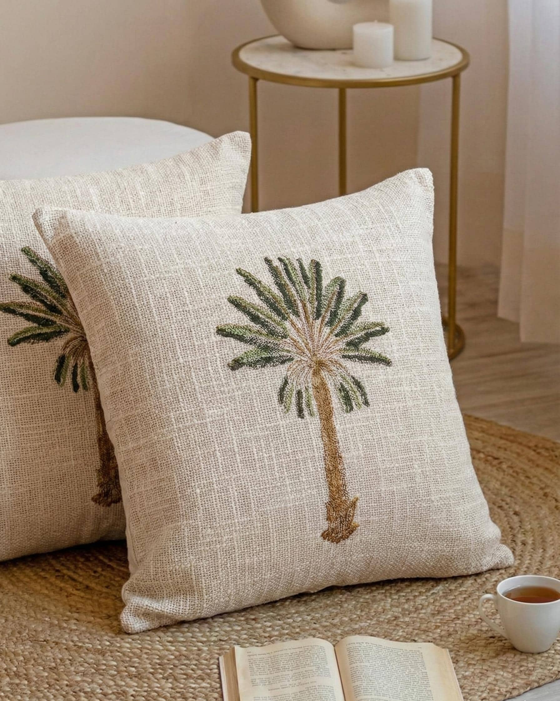 Palm Tree Block Print Cushion – Decorative Tropical Cotton Pillow – Aesthetic Summer Room Decor - Set of 2