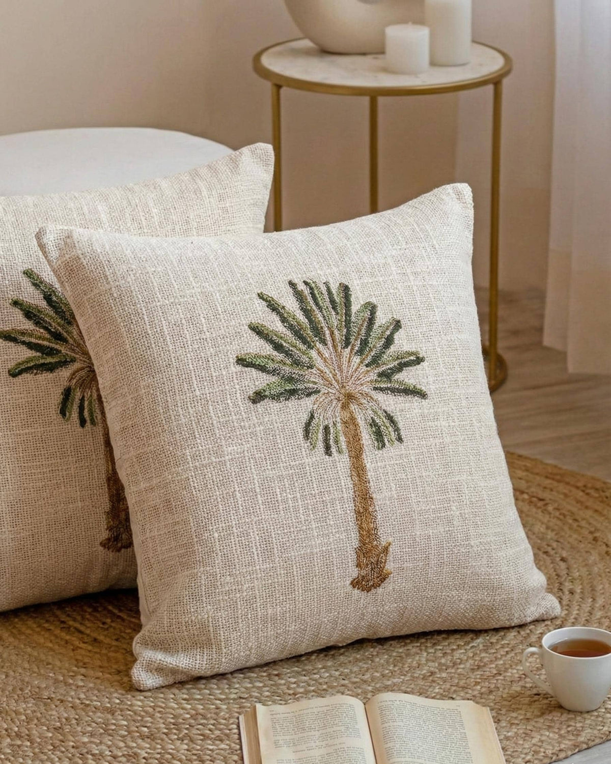 Palm Tree Block Print Cushion – Decorative Tropical Cotton Pillow – Aesthetic Summer Room Decor - Set of 2