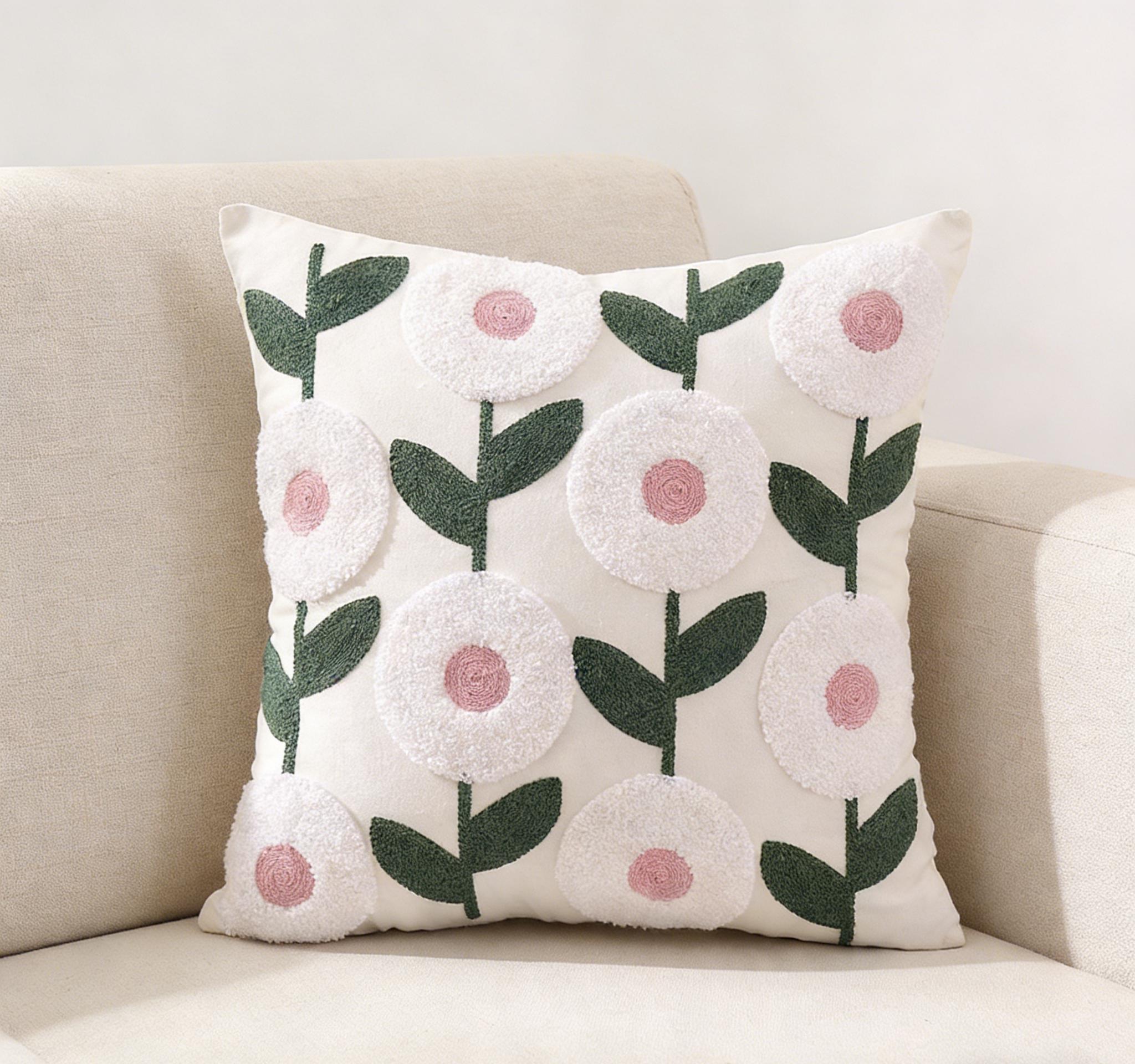 Floral Tufted Pillow Cover Embroidered Cushion Cover Throw Pillow Case Decorative Sofa Pillow