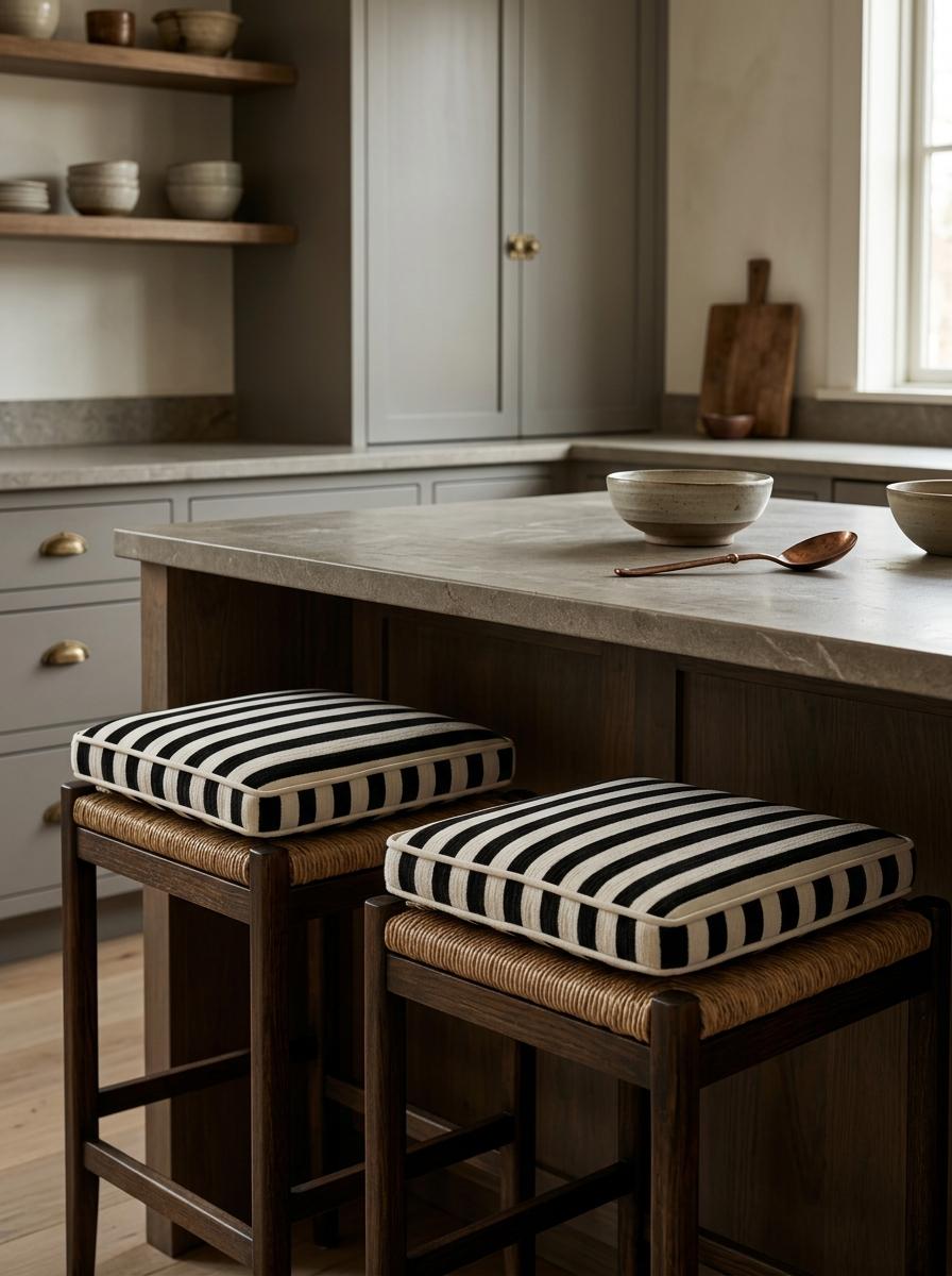Custom Stripe Stool Cushion, Neutral Ticking Square Cushion