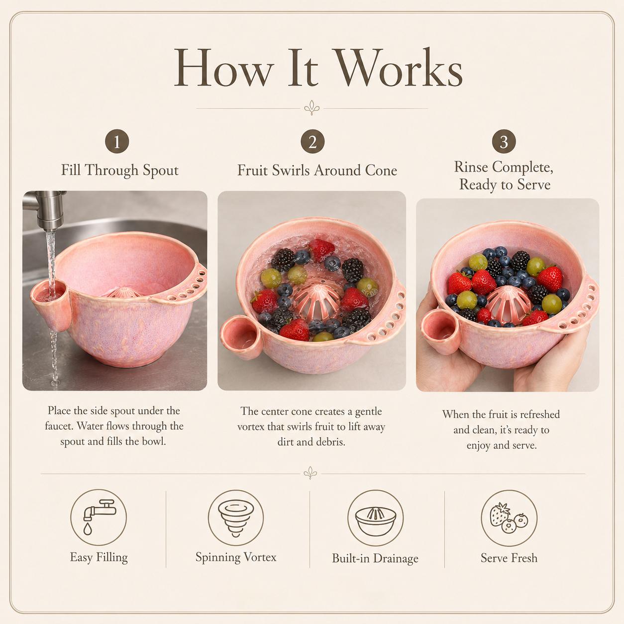 Ceramic Berry Washing Bowl with Vortex Rinsing Design